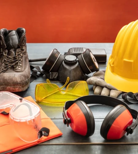 1700729957work-safety-protection-equipment-industrial-protective-gear-wooden-table-red-color-background